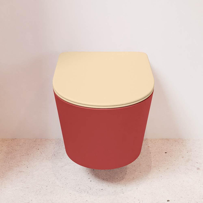 Mondiaz LAVIE hangtoilet – spoelrandloos – 36 x 53 cm – met softclose zitting – Fire (rood), zitting Sand (beige)
