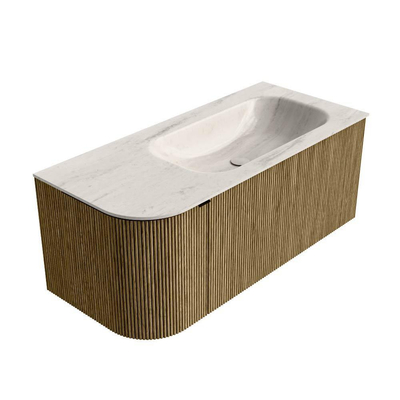 MONDIAZ KURVE-DLUX meuble de salle de bains 105cm arrondi à gauche couleur Dusk avec 1 tiroir et 1 porte. Lavabo BIG SMALL à droite 1 trou de robinet Meli.