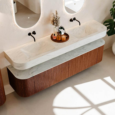 MONDIAZ THOR-DLUX Meuble de salle de bains 190cm arrondi gauche + droite couleur Ruby avec 2 tiroirs et 2 portes. Vasque suspendue CLOUD Double sans trou de robinet couleur Opalo.