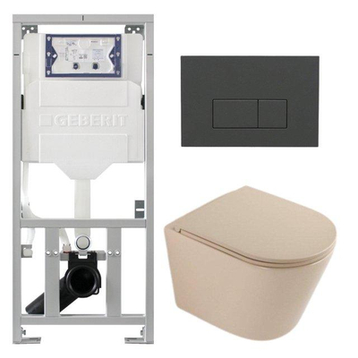 QeramiQ Dely Toiletset - 36.3x51.7cm - diepspoel - rimless - Geberit UP320 inbouwreservoir - softclose toilet zitting - bedieningsplaat antraciet mat - rechthoekige knoppen - mat beige