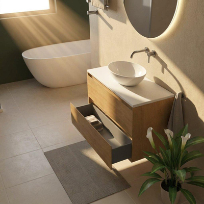 Saniclass Holz Pure Ensemble de meubles de salle de bains - 100x45x62.5cm - plan de toilette Torino en solid surface blanc - sans trou de robinetterie - 2 tiroirs - chêne natural mat (bois)