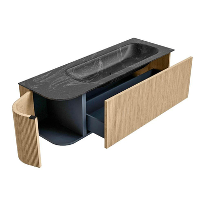 MONDIAZ KURVE-DLUX meuble de salle de bains 135cm avec module 25 L couleur chêne avec 1 tiroir et 1 porte. Lavabo BIG MEDIUM droite 1 trou de robinet couleur lave.