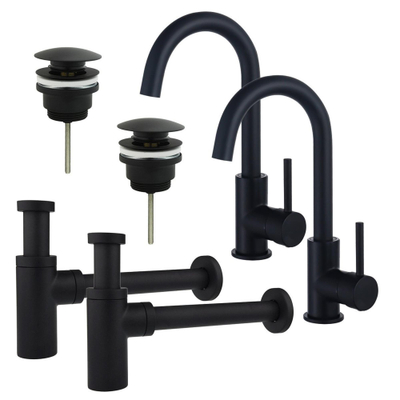 Fortifura Calvi Kit robinet lavabo - pour double vasque - robinet haut - bec rotatif - bonde clic clac - siphon design - Noir mat