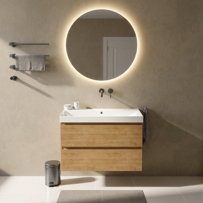 Saniclass Holz Pure Ensemble meuble de salle de bains - 100x45x67.5cm - lavabo en céramique Wave - 1 vasque - sans trou de robinet - 2 tiroirs - chêne naturel mat (bois)