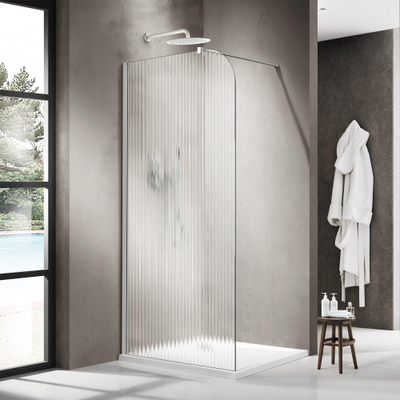 FugaFlow Eccelente Vetro Douche à l'italienne - 110x200cm - paroi en verre arrondie - gauche - verre strié - bras mural - blanc mat