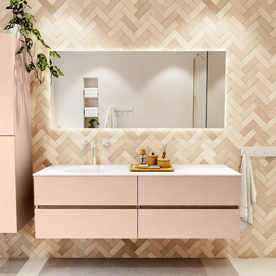 MONDIAZ Vica Ensemble meuble de salle de bains - 160cm - meuble bas rosee - 4 tiroirs - lavabo moon gauche - 1 trou de robinet - version haute 60cm - talc