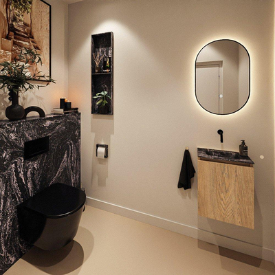 MONDIAZ TURE-DLUX Meuble toilette - 40cm - Washed Oak - EDEN - vasque Lava - position centrale - sans trou de robinet