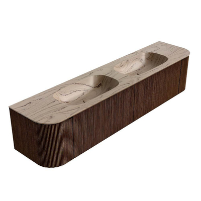 MONDIAZ KURVE-DLUX Meuble de salle de bains 200cm arrondi Gauche + Droite couleur Walnut avec 2 tiroirs et 2 portes. Lavabo STOR SMALL Double 2 trous de robinet Arena.