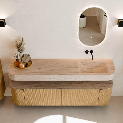 MONDIAZ THOR-DLUX 180cm badmeubel ronding links + rechts kleur Oak met 2 lades en 2 deuren. Vrijhangende wastafel CLOUD Rechts zonder kraangat kleur Saba.