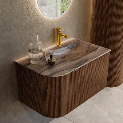 MONDIAZ KURVE-DLUX Meuble de salle de bains 75cm arrondi à gauche couleur Walnut avec 1 tiroir et 1 porte. Lavabo GRUNNE à droite 1 trou de robinet Sombra.