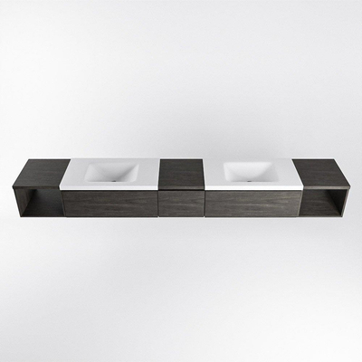 MONDIAZ BUKLA Meuble de salle de bains 280 cm avec module ouvert 40 G+D couleur Dark Brown avec 3 tiroirs. Lavabo CLOUD double 2 trous de robinet couleur Talc.