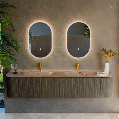 MONDIAZ KURVE-DLUX Meuble de salle de bains 200cm arrondi gauche + droite couleur Shadow avec 2 tiroirs et 2 portes. Plan-vasque STOR SMALL Double 2 trous de robinet Arena.