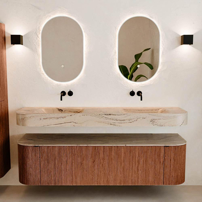 MONDIAZ THOR-DLUX Meuble de salle de bains - 170cm - arrondi gauche + droite - couleur Ruby - 1 tiroir - 2 portes - Vasque suspendue CLOUD Double sans trou de robinet - couleur Arena