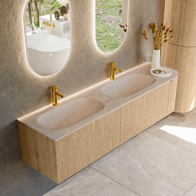 MONDIAZ KURVE-DLUX Meuble de salle de bains 175cm arrondi à droite couleur Oak avec 2 tiroirs et 1 porte. Lavabo STOR SMALL Double / gauche 2 trous de robinet Meli.