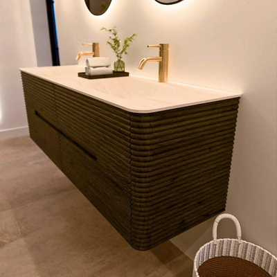 Mondiaz CIRO-DLUX Badkamermeubelset - 150x45x50cm - Solid surface wastafel Meli - 2 wasbak Dubbel - 2 kraangaten - 4 lades - Shadow