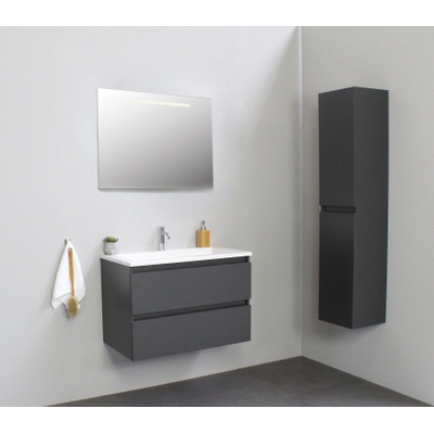Basic Bella Meuble salle de bains avec lavabo acrylique Blanc 80x55x46cm 1 trou de robinet avec miroir et éclairage Anthracite mat