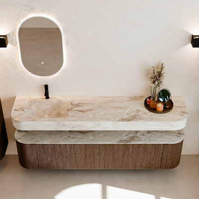 MONDIAZ THOR-DLUX 190cm meuble de salle de bains arrondi gauche + droite couleur Walnut avec 2 tiroirs et 2 portes. Vasque suspendue CLOUD Gauche 1 trou de robinet couleur Frappe.