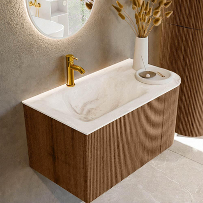 MONDIAZ KURVE-DLUX 85cm Meuble salle de bain avec module 25 D - couleur Walnut - 1 tiroir - 1 porte - vasque CLOUD gauche - 1 trou de robinet - couleur Frappe