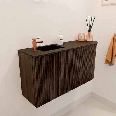 Mondiaz JOYA 81.6cm toiletmeubel - ronding rechts kleur Walnut - Wastafel FAYE positie Links 1 kraangat kleur Urban.