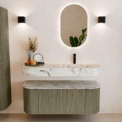 MONDIAZ THOR-DLUX 120cm meuble de salle de bains arrondi gauche + droite couleur Shadow avec 1 tiroir et 2 portes. Vasque suspendue CLOUD Droite 1 trou de robinet couleur Glace.