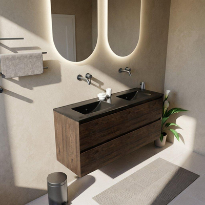 Saniclass Holz Pure Ensemble de meubles de salle de bains - 140x45x62cm - lavabo Vygo en céramique noir - 2 vasques - sans trous de robinet - 4 tiroirs - chêne charcoal mat (bois)