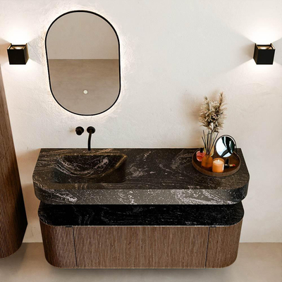 MONDIAZ THOR-DLUX Meuble de salle de bains 140cm arrondi gauche + droite couleur Walnut avec 1 tiroir et 2 portes. Vasque suspendue CLOUD Gauche sans trou de robinet couleur Lava.