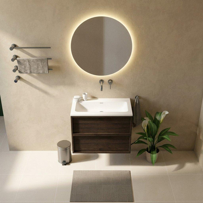Saniclass Holz Frame Ensemble meuble de salle de bains - 80x45x77.5cm - lavabo Torino en solid surface blanc - sans trou de robinetterie - 2 tiroirs - chêne charcoal mat (bois)