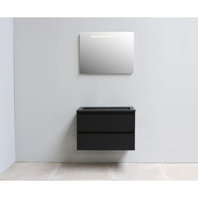 Basic Bella Badkamermeubelset - 80x55x46cm - 1 wasbak - Acryl - Zwart - 0 kraangaten - Wandspiegel met verlichting - Spaanplaat Zwart mat
