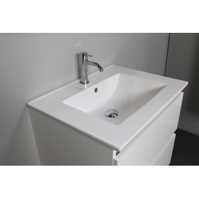 Basic Bella Meuble salle de bains avec lavabo céramique Blanc 60x55x46cm 1 trou de robinet avec miroir et éclairage Blanc brillant