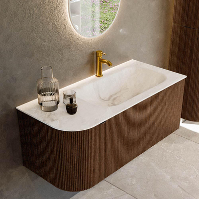 MONDIAZ KURVE-DLUX 105cm badmeubel met module 25 L kleur Walnut met 1 lade en 1 deur. Wastafel BIG SMALL rechts 1 kraangat kleur Frappe.
