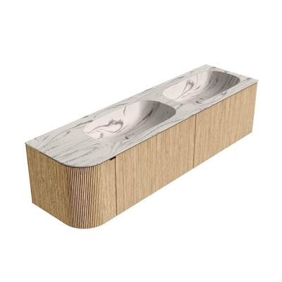 MONDIAZ KURVE-DLUX Meuble de salle de bains 165cm arrondi à gauche couleur Oak avec 2 tiroirs et 1 porte. Lavabo STOR SMALL Double / Droite 2 trous de robinet Nata.