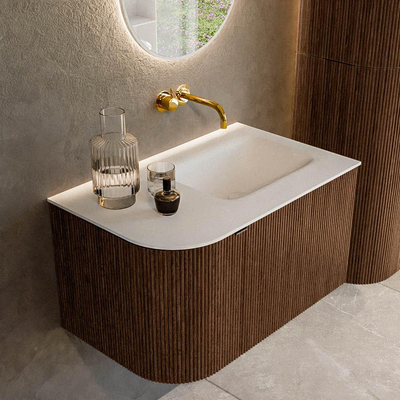 MONDIAZ KURVE Meuble de salle de bains 75 cm avec module 25 L couleur Walnut avec 1 tiroir et 1 porte. Lavabo GRUNNE à droite sans trou de robinet Talc.