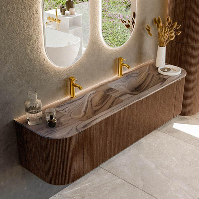 MONDIAZ KURVE-DLUX Meuble de salle de bains 170cm arrondi Gauche + Droite couleur Walnut avec 1 tiroir et 2 portes. Lavabo LEAF Double 2 trous de robinet Sombra.