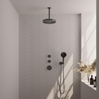BRAUER Stripe Thermostatische Inbouw Regendouche - SET 06 - 25cm douchekop - plafondarm - 3-standen handdouche - doucheslang - wandaansluitbocht - gunmetal geborsteld PVD