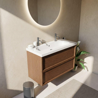 Saniclass Holz Frame Ensemble meuble de salle de bains - 100x45x63.5cm - lavabo en céramique Palermo blanc - 1 vasque - 2 trous de robinet - 2 tiroirs - noyer pure mat (bois)