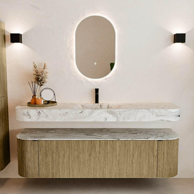 MONDIAZ THOR-DLUX 170cm meuble de salle de bains arrondi gauche + droite couleur Dusk avec 1 tiroir et 2 portes. Vasque suspendue CLOUD Milieu 1 trou de robinet couleur Glace.