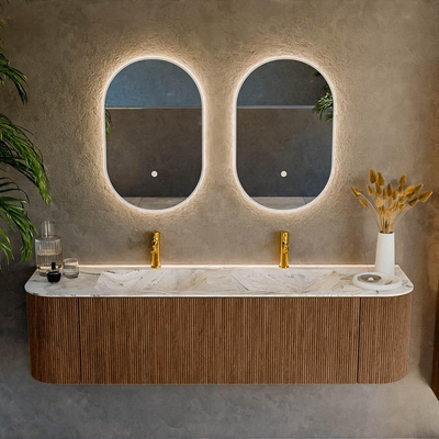 MONDIAZ KURVE-DLUX 170cm Meuble salle de bain avec module 25 G et D - couleur Walnut - 1 tiroir - 2 portes - vasque LEAF double - 2 trous de robinet - couleur Glace