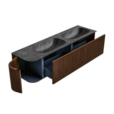 MONDIAZ KURVE-DLUX meuble de salle de bains 165 cm avec module 25 L couleur Walnut avec 2 tiroirs et 1 porte. Lavabo STOR SMALL double / à droite sans trou de robinet couleur Lava.