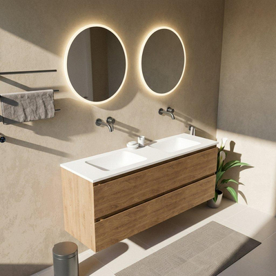 Saniclass Holz Pure Ensemble de meubles de salle de bains - 160x45x77.5cm - vasque Torino en solid surface blanc - sans trou de robinetterie - 4 tiroirs - chêne natural mat (bois)