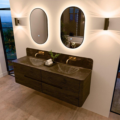 Mondiaz CIRO-DLUX Badkamermeubelset - 160x45x50cm - Solid surface wastafel Lava - 2 wasbak Dubbel - zonder kraangaten - 4 lades - Shadow
