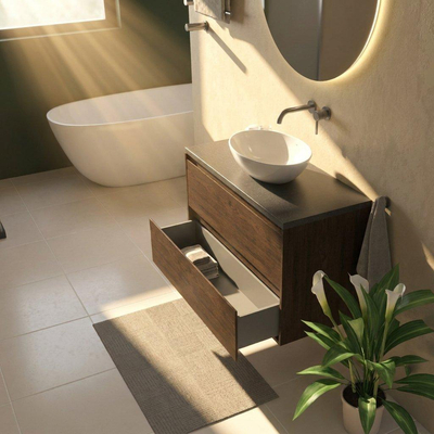 Saniclass Holz Pure Ensemble de meubles de salle de bains - 100x45x63cm - Plan vasque en basalte Noche poli (noir) - sans trou de robinet - 2 tiroirs - chêne charcoal mat (bois)