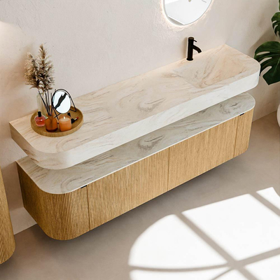 MONDIAZ THOR-DLUX 180cm badmeubel ronding links + rechts kleur Oak met 2 lades en 2 deuren. Vrijhangende wastafel CLOUD Rechts 1 kraangat kleur Ostra.