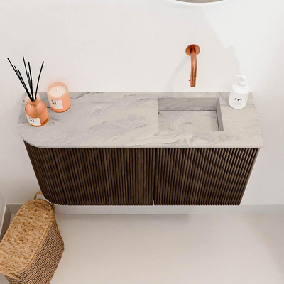 Mondiaz JOYA-DLUX Meuble de salle de bains 81,6cm - arrondi gauche couleur Noyer - Vasque FAYE position Droite Sans trou de robinet couleur Glace