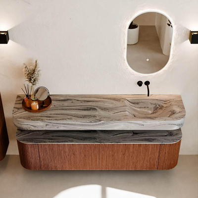 MONDIAZ THOR-DLUX Meuble de salle de bains - 180cm - arrondi gauche + droite - couleur Ruby - 2 tiroirs - 2 portes - Vasque suspendue CLOUD droite sans trou de robinet - couleur Sombra