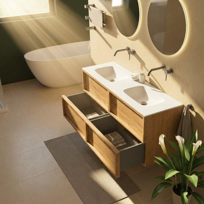 Saniclass Holz Frame Ensemble meuble de salle de bains - 140x45x61.5cm - Flow lavabo en solid surface blanc - 2 vasques - sans trous de robinet - 4 tiroirs - chêne natural mat (bois)