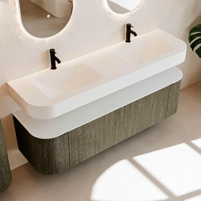 MONDIAZ THOR Meuble de salle de bains 160cm arrondi gauche + droite couleur Shadow avec 1 tiroir et 2 portes. Vasque suspendue CLOUD Double 2 trous de robinet couleur Talc.