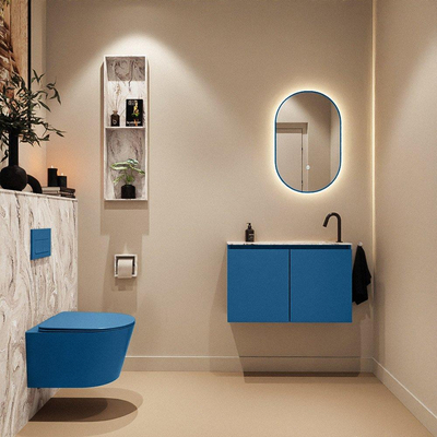 MONDIAZ TURE-DLUX Meuble toilette - 80cm - Jeans - EDEN - vasque Glace - position droite - 1 trou de robinet