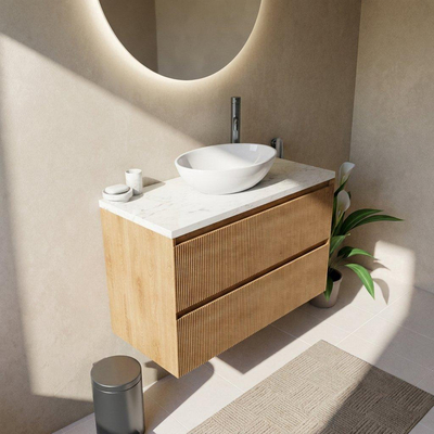 Saniclass Holz Atelier Ensemble meuble de salle de bains - 100x45x63cm - Plan vasque en marbre Dia poli (blanc) - 1 trou de robinet - 2 tiroirs - chêne natural mat (bois)