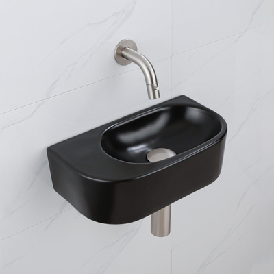 QeramiQ Fuente Ensemble de Lavabo - 40x21.5x12cm - lisse - demi-rond - céramique - ensemble de robinet en acier inoxydable brossé - bouchon de vidange - siphon abaissé - noir mat
