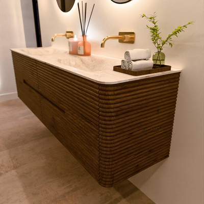 Mondiaz CIRO-DLUX Badkamermeubelset - 170x45x50cm - Solid surface wastafel Frappe - 2 wasbak Dubbel - zonder kraangaten - 4 lades - Dusk